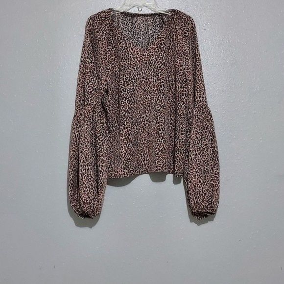 SHEIN Tan & Brown Long Bishop Sleeve V Neck Leopard Print Top L - Picture 1 of 5